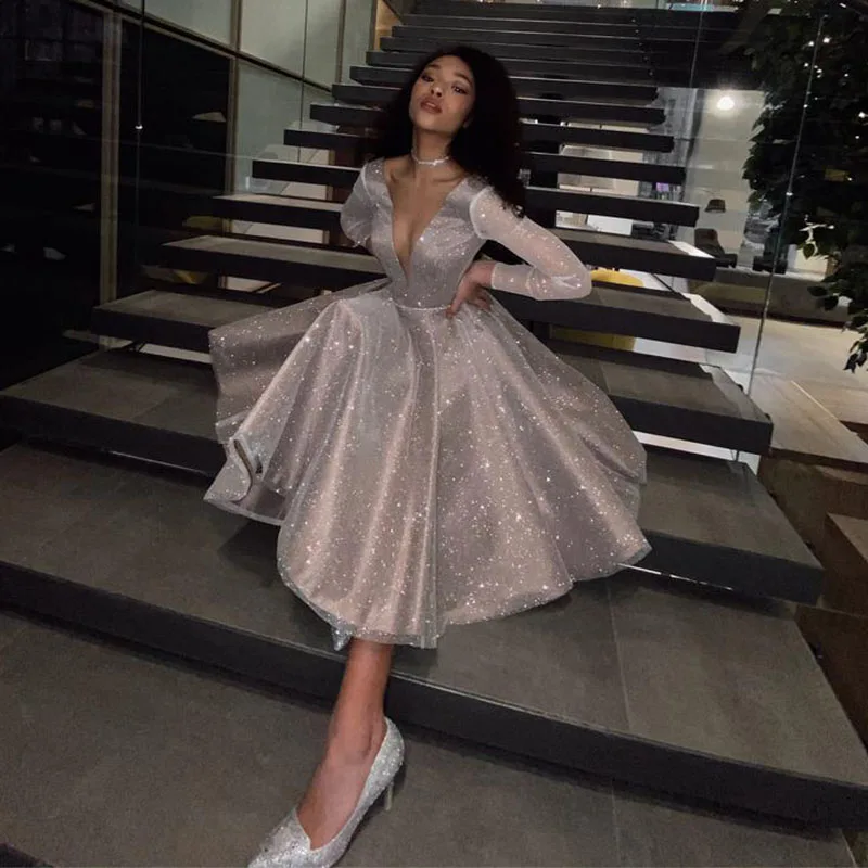 

Sparkling Sequin Evening Dress 2023 V- neck Long Sleeves Tea Length Prom Party Gowns Arabic Dubai Robe De Soiree Vestidos