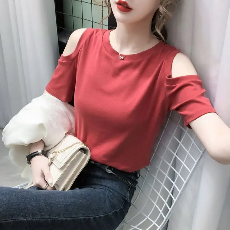 2021 summer New Fashion Shoulder-Baring Sexy Slim-Fit Short-Sleeved T-shirt Women's Shirt COTTON graphic t shirts