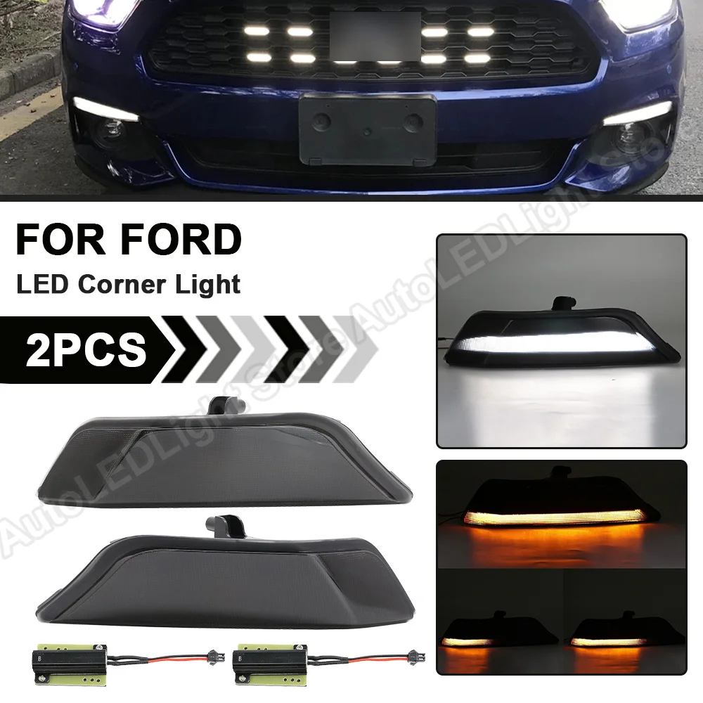 2PCS For 2015 2016 2017 Ford Mustang Amber+White Dynamic LED Front DRL Turn Signal Lights Sequential Indicator Corner Lamp