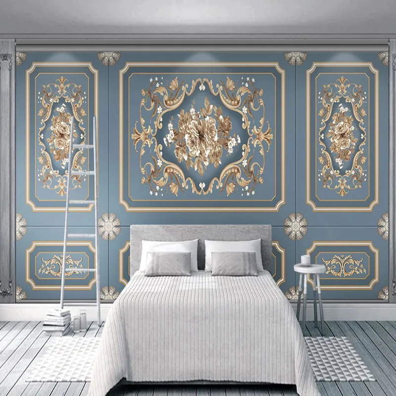 Custom Mural Wallpaper European Style Retro Flowers Light Blue Background Wall Decor Living Room TV Sofa Luxury Wall Papers 3 D