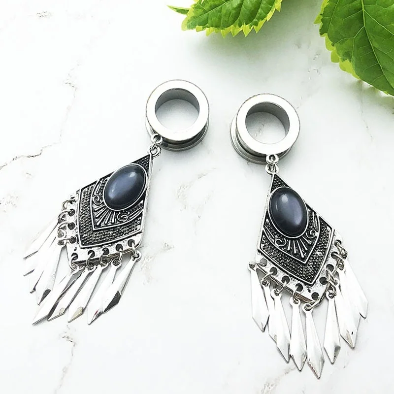 2PCS Ear Plugs Tunnels Ear Expansions Stainless Steel Earrings Alargador De Orelha Oreja Dilataciones Bohemia Tassel Ear Reamer