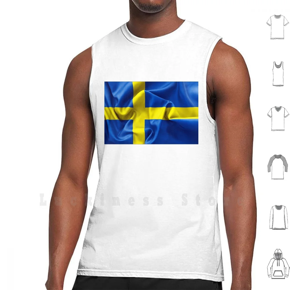 Sweden Flag tank tops vest 100% Cotton Swedish Flag Texture Sweden Blue Yellow Patriotic Background Waving Ripple Shadow