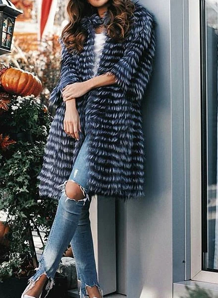 Women's Striped Real Silver Fox Fur Coat, Long Cardigen with Wool Lining, Big Size Clothes, Elegant Outwear, Spring, Lux18A09164