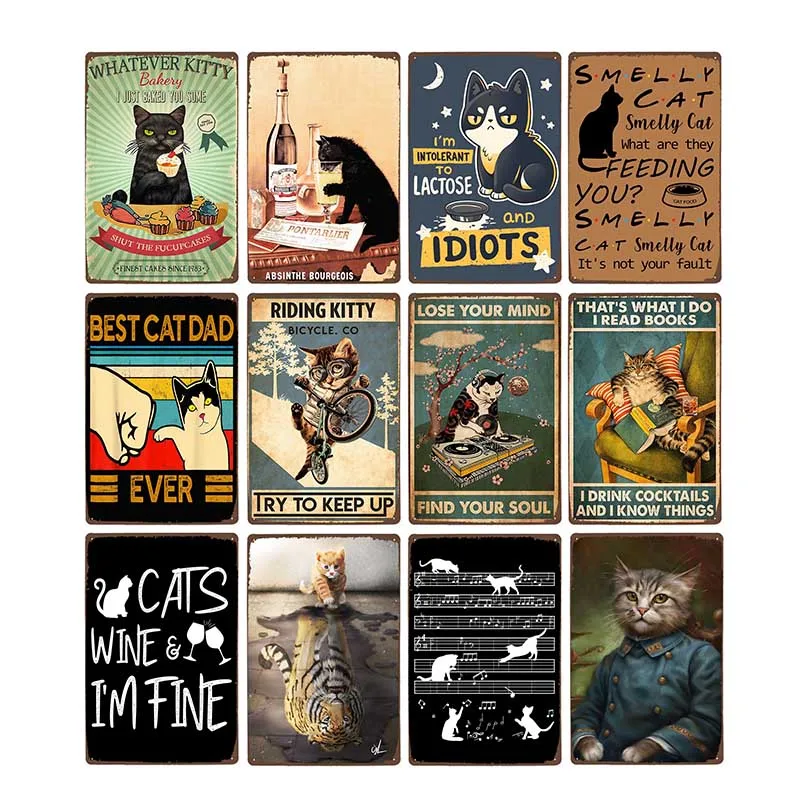 Funny Black Cat Pet kreskówka zwierzęta metalowe znak blaszany plakat w stylu Vintage dekoracyjne płytki ścienne tablica Retro wystrój domu 20x30cm