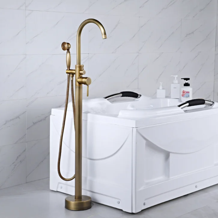 Bathtub Faucet Brass Gold Floor Mount Bathroom Faucet Swivel Spout Single Handle Tub Filler Hand Shower Sprayer Mixer Tap