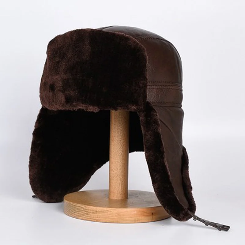 Big Tab Hat For Men Winter Male Genuine Leather Faux Fur Warm Bomber Caps Elderly Outdoor Cycling Windproof Snow Casquette