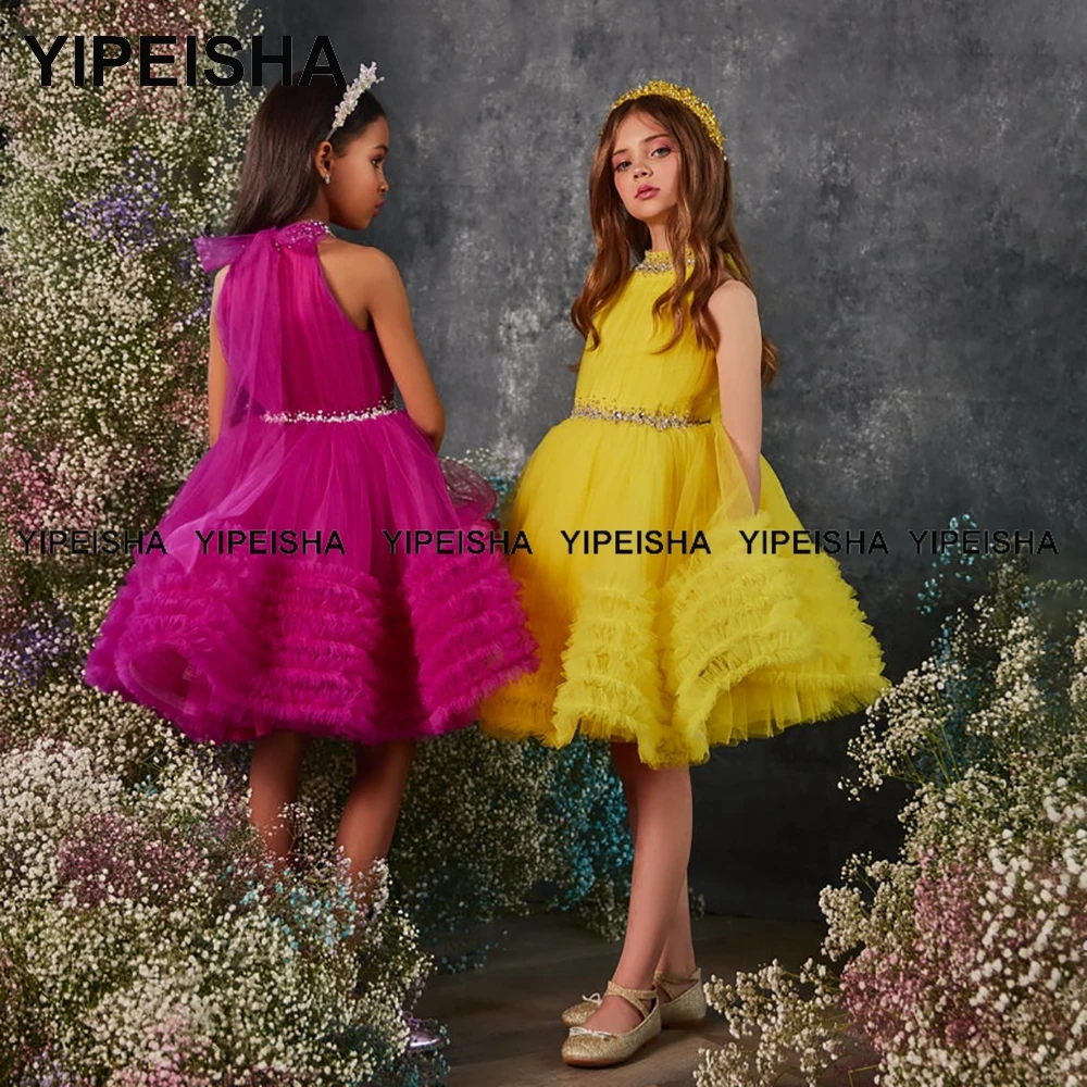 Yipeisha-vestido de princesa con cuello Halter amarillo para niña, vestido de flores con gran abalorios hasta la rodilla, para baile de graduación, vestidos para desfile para niña