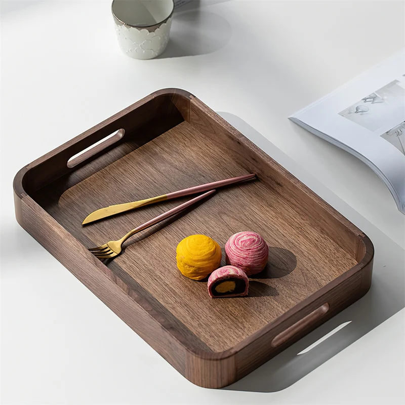 Solid Wood Handle Tray European Black Walnut Rectangle Pallet Wooden Fruit Snack Plate Home Hotel Service Plate Storage Tray