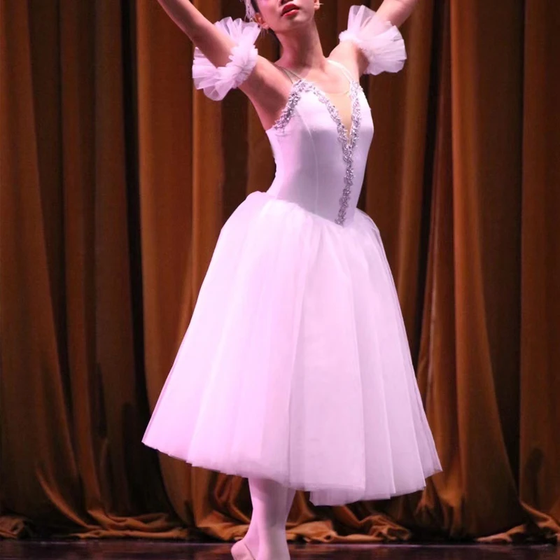 Vestido de Ballet blanco largo y romántico, tutú de Ballet profesional, Lago de los Cisnes, disfraz de hada para mujer y Niña