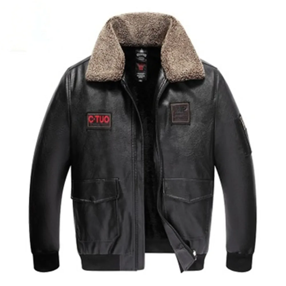 

New Leather Jacket Men's Fashion Slim Moto Bike Style Pilot Casual Wool Fur Turn-Dowm Collar Leather Coat L-5XL