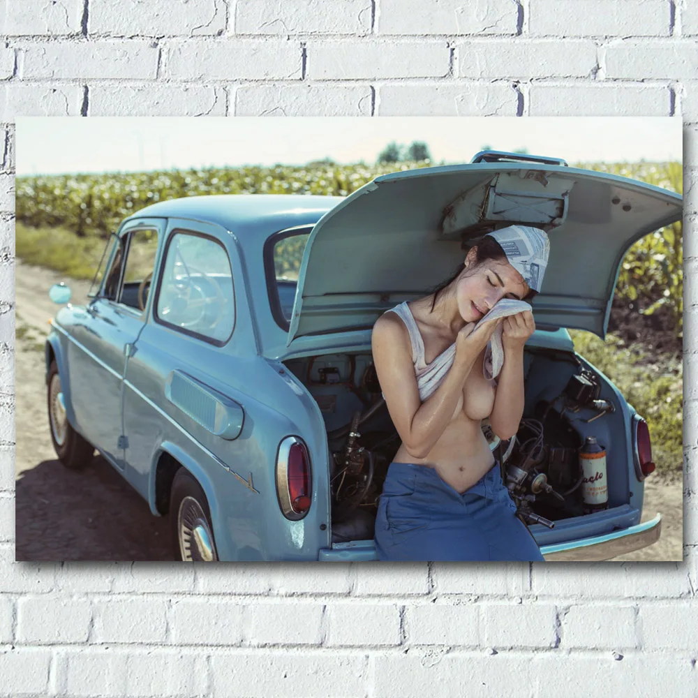 Sexy Woman with Retro Car Girl Chest Model Outdoor Photo Wall Art Posters Canvas Prints silk paintings For Living Room Decor