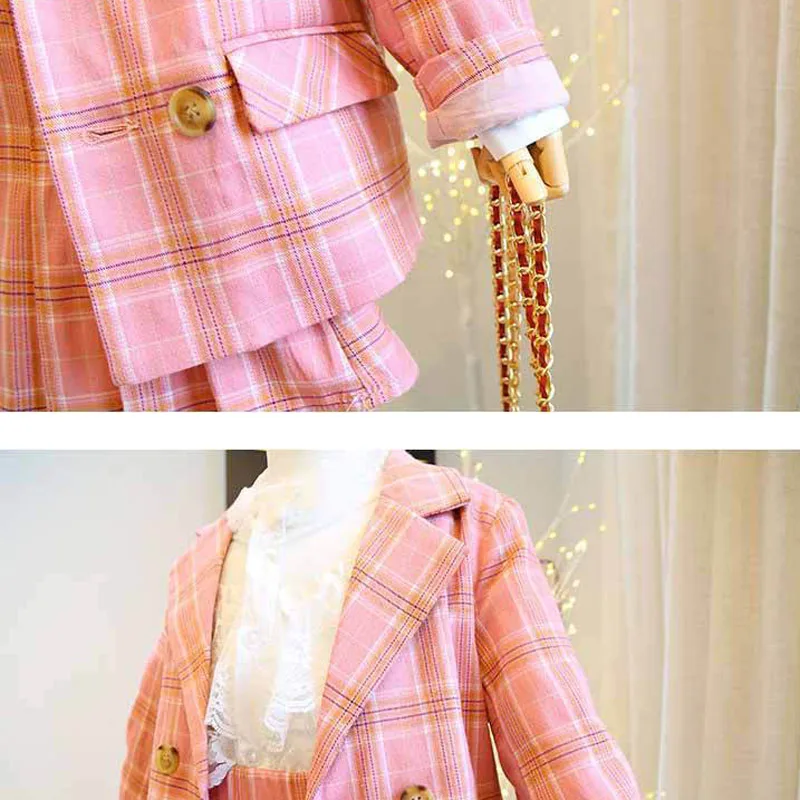 Spring Autumn New Girls\' Clothing Sets Students Plaid Suit Long-Sleeved Cardigan Jacket+Pleated Skirt Children Baby Kids Outfits