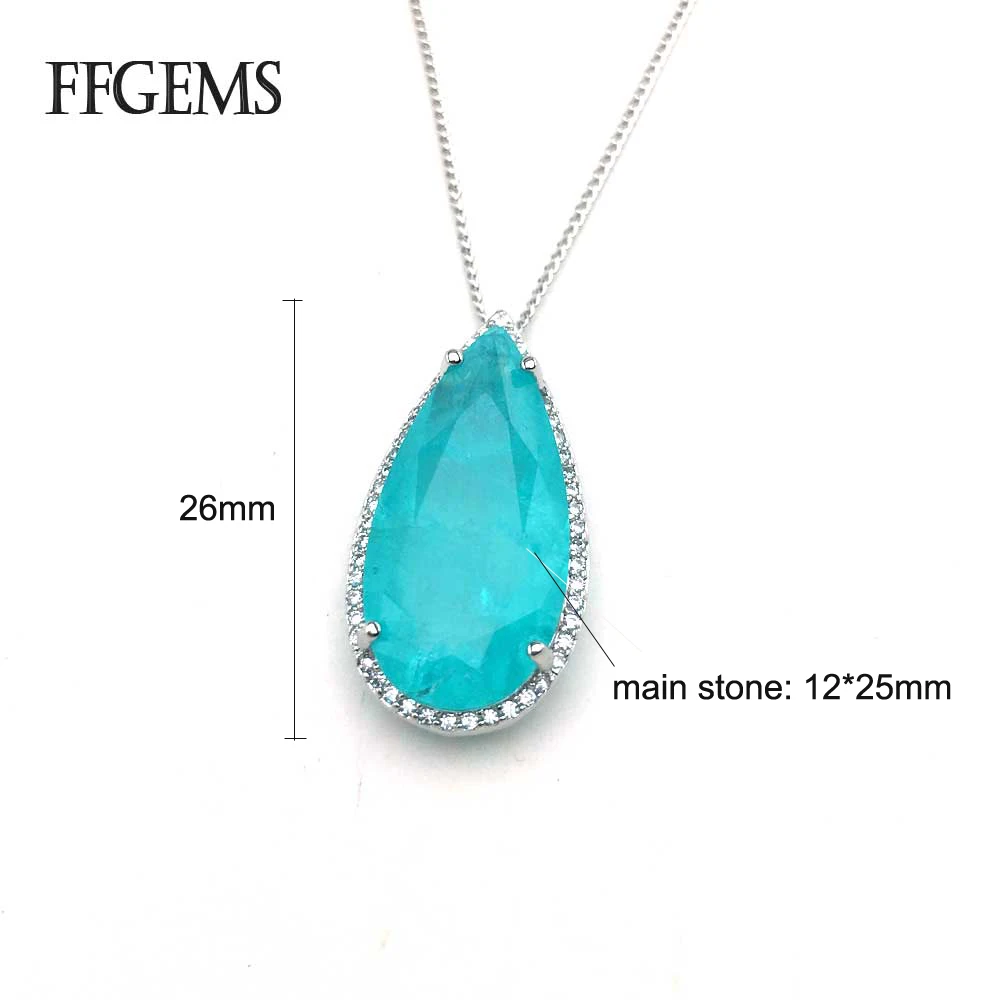 FFGems Brazilian Paraiba Tourmaline Necklace Created Gemstone Pear 12*25mm for Women Fine Jewelry Pendant Party Wedding Gift