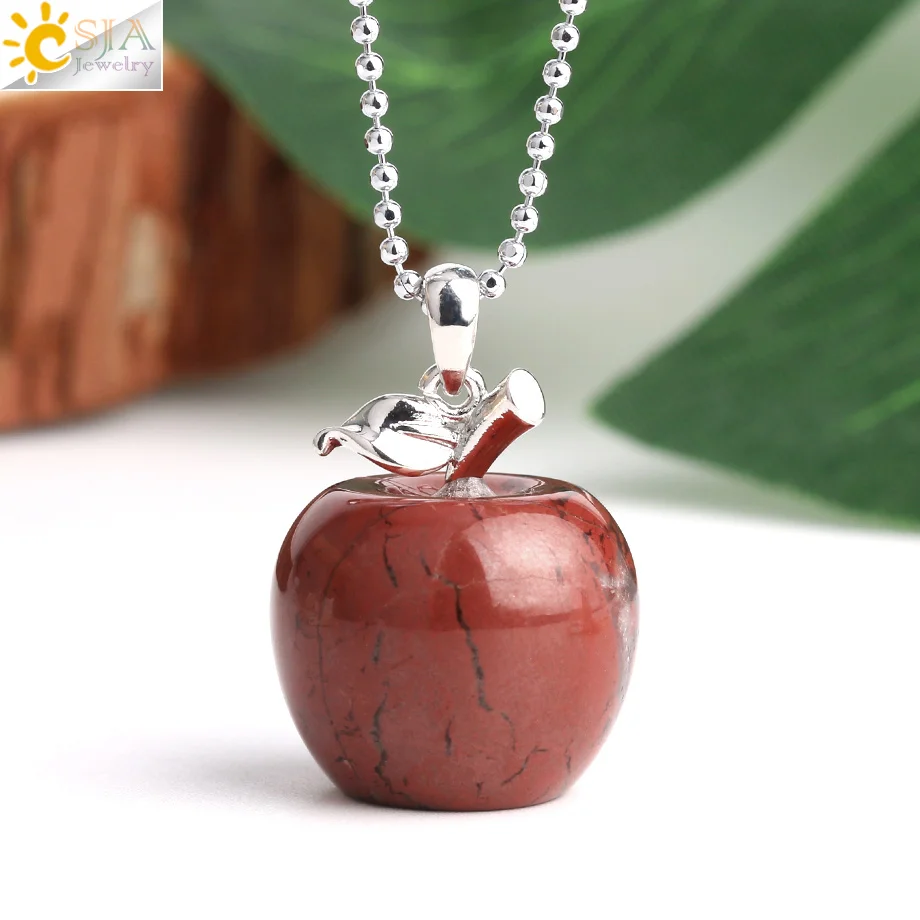 CSJA Apple Natural Stone Pendant Crystal Amethysts Pendants Rose Pink Quartz Necklaces Jewelry for Female Women Chrismtas G046