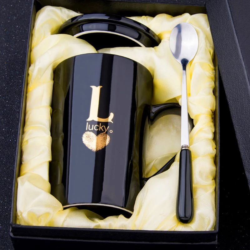 Ceramic Coffee Cup with Spoon Lid Cappuccino Cup Couple Coffee Mugs Classic Black Trend Creative Gift Box Personality