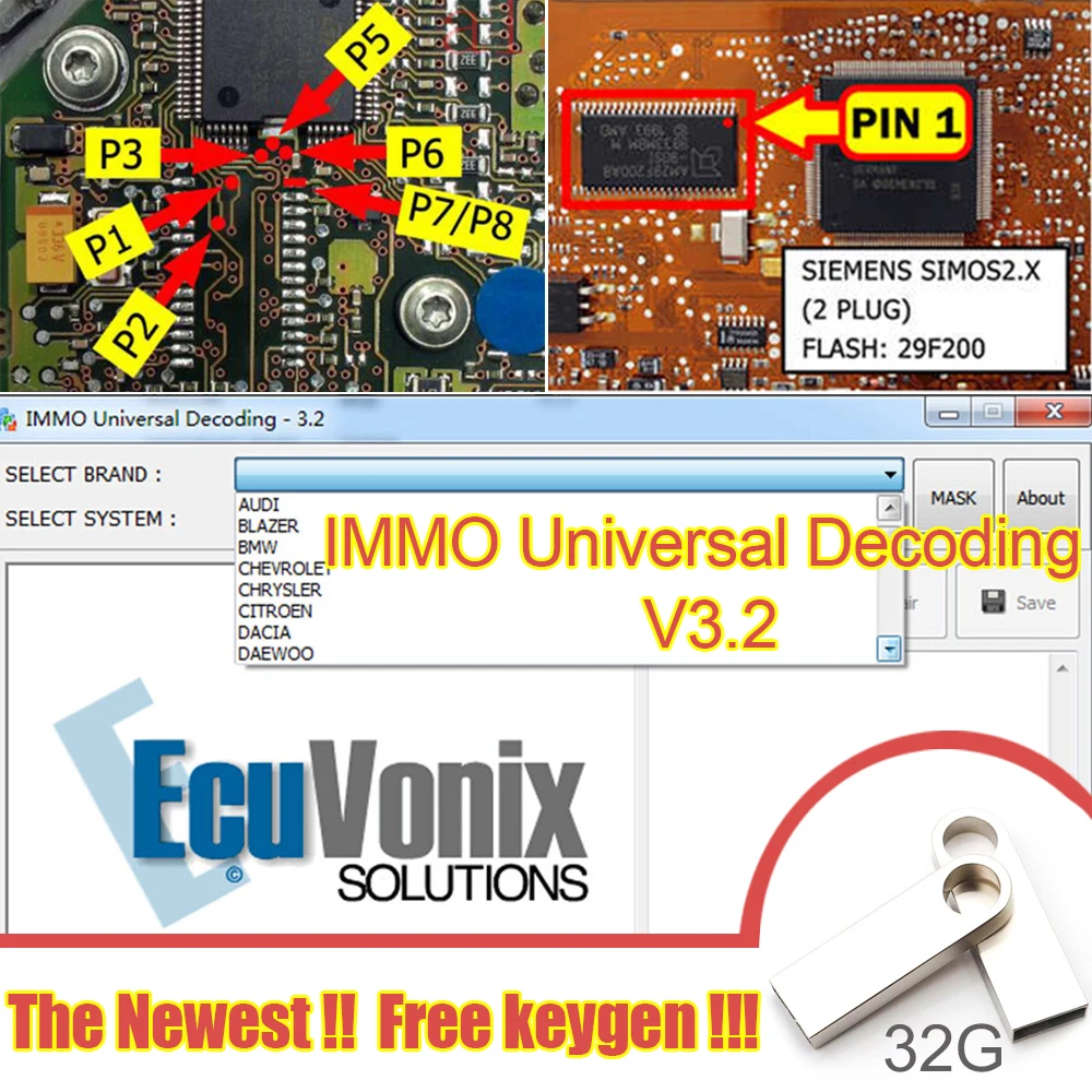 

EcuVonix IMMO Universal Decoding v3.2 Remove IMMO Code Of ECU+Keygen For Unlimited Install car diagnostic software link 32GB USB