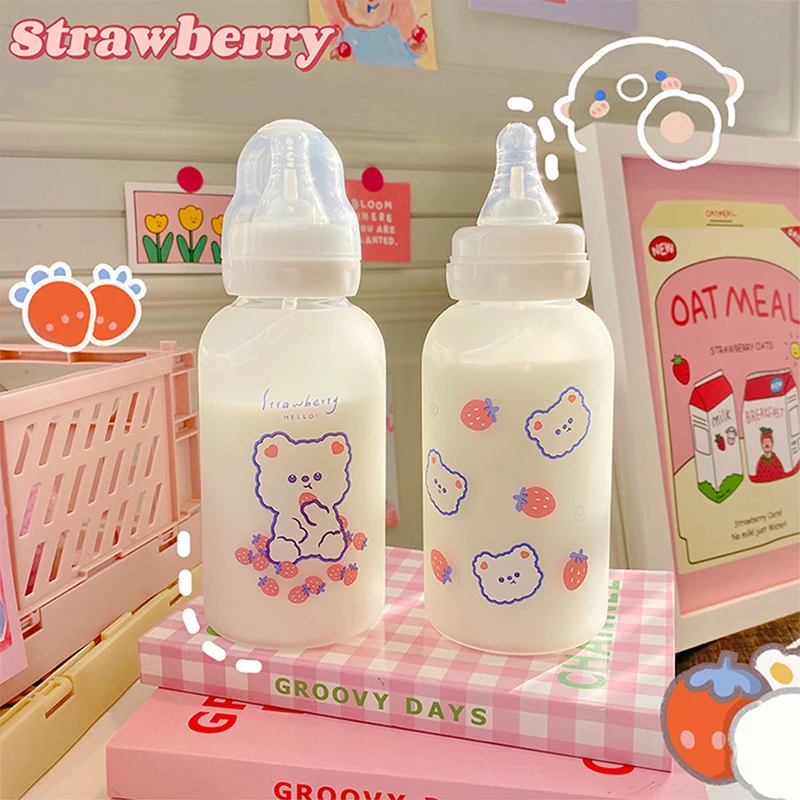 Cute Cartoon Strawberry Bear Glass Pacifier Water Bottle Straw Cup for Adult Children Milk Frosted Bottle Baby Feeding Bottles