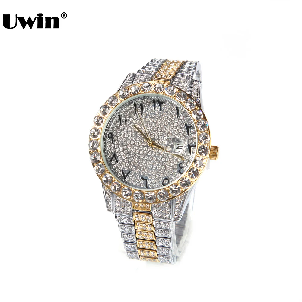 

UWIN Big Dial Watch for Men Full Iced Out CZ Stainless Steel Belt Luxury Quartz Wrist Watches Hip Hop Watch for Drop Shipping