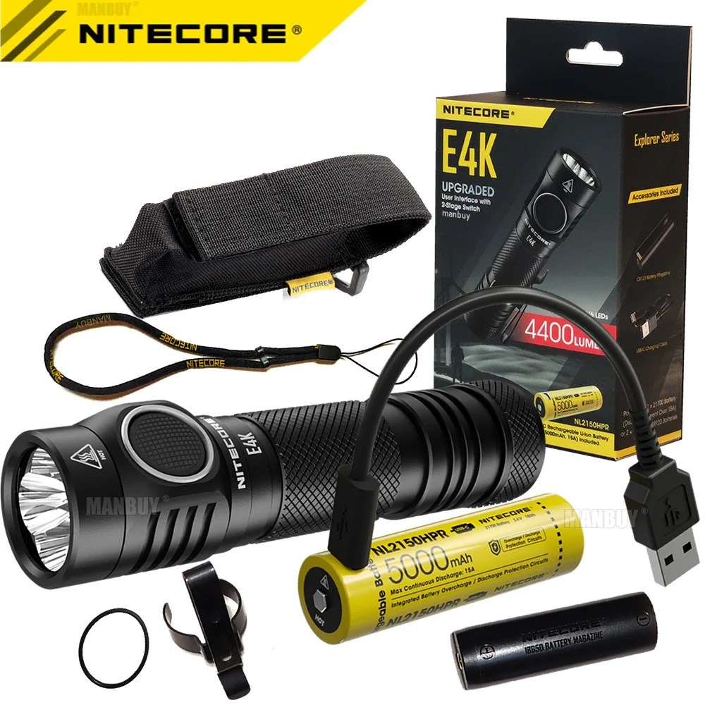 

Светодиодный фонарик NITECORE E4K, 4400 люмен, 4 светодиода xCREE XP-L2 V6, компактный фонарик EDC t + аккумулятор 5000 мА · ч, 21700, для кемпинга, рыбалки