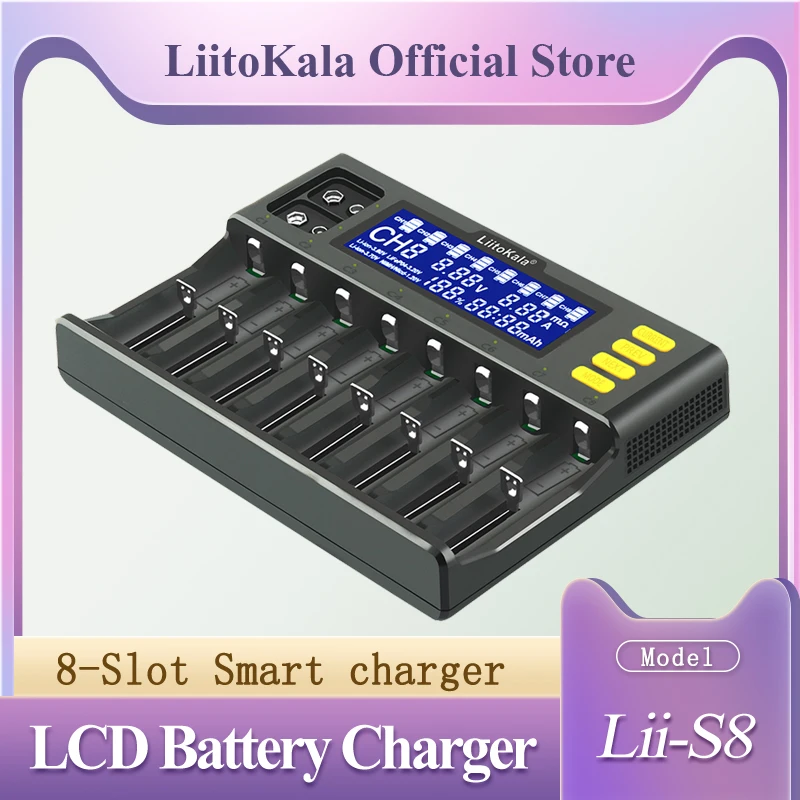 

LiitoKala Lii-S8 8 Slots LCD Battery Charger for Li-ion LiFePO4 Ni-MH Ni-Cd 9V 21700 20700 26650 18650 RCR123 18700