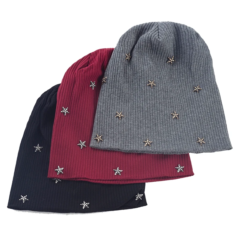 Geebro Women Star Ribbed knitted Cotton skullies Beanie Casual Soft Design Solid Bonnets hat Ladies Slouchy Hat Wholesale