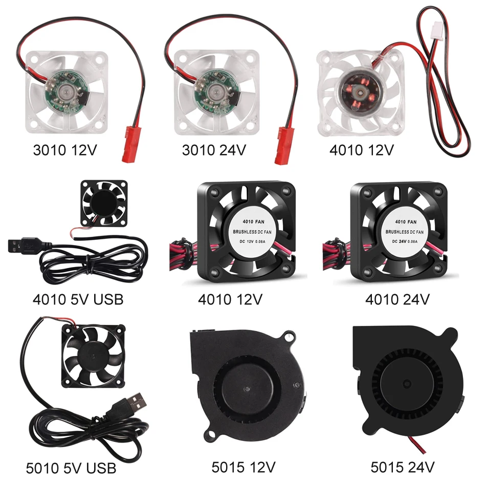 Вентилятор охлаждения для 3D принтера, 3010, 4010, 5015, 12 В, 24 В, 5 В, турбо вентилятор, бесщеточный вентилятор для V5 V6, Hotend, Bowden, J-head