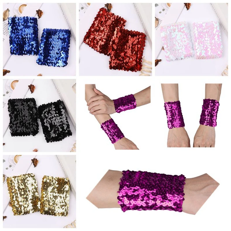 Womens Bridal Cuffs Shiny Sequins Oversleeve Stretchy Stage Performance Cosplay Costume Flower Girls Bridesmaid Wrist Flower