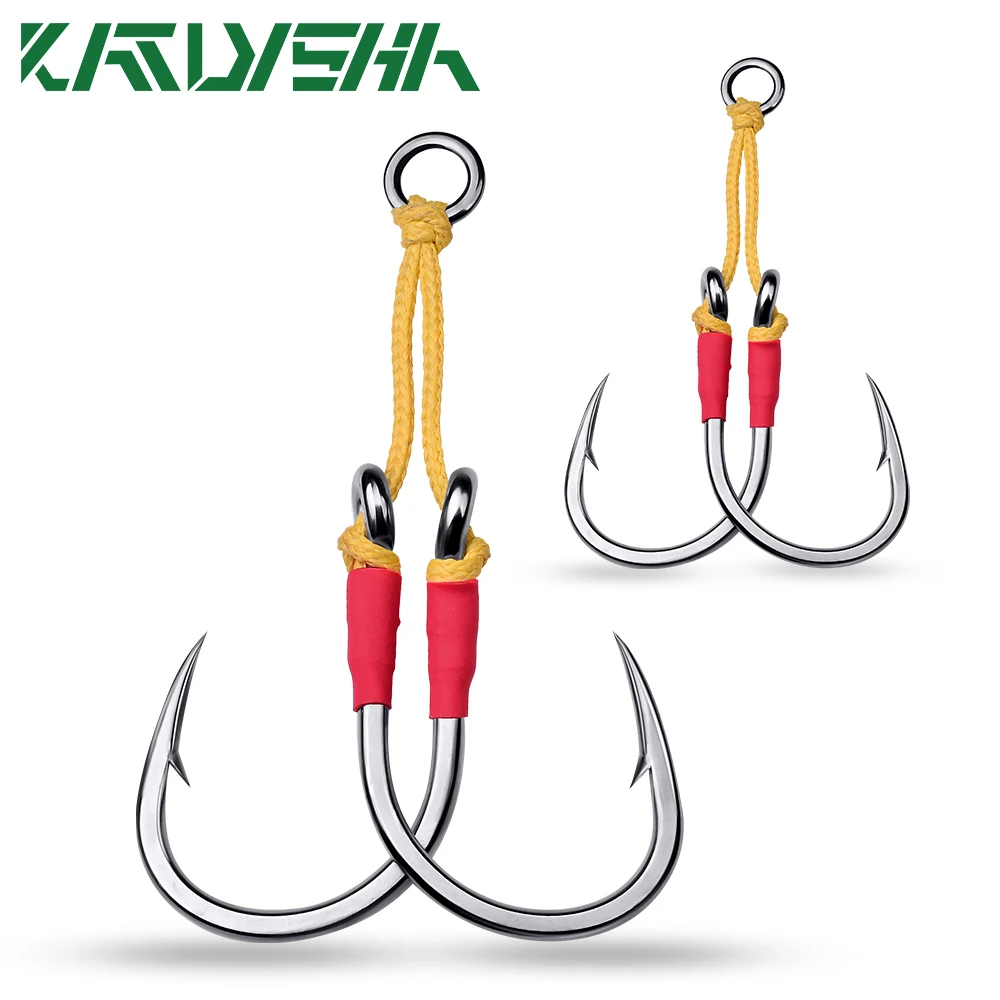 KATYUSHA 10Paris/lot Metal Jig Fishing Hooks 1/0-3/0-5/0-7/0-9/0-11/0-13/0# Jigging Assist Fishhooks With PE Line Feather Solid