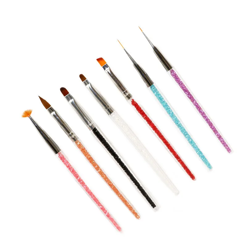 7 stks/set Nail Art Brush Set UV Gel Nagelschilderborstels met Strass Handvat Nail Liner Brush Tekening Pen Nagelborstel T0710