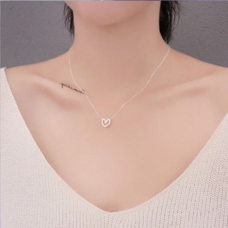 S925 Sterling Silver Simple Design Geometric Edge Love Pendant  Clavicle Necklace for Women Fine Jewelry