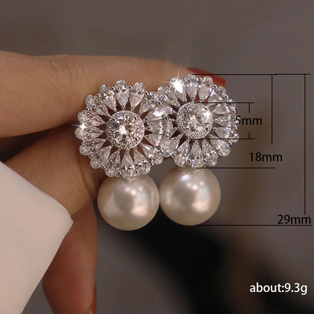 Huitan Elegant Bridal Wedding Earrings Luxury AAA Cubic Zircon Imitation Pearl Romantic Female Party Fashion Stud Earrings Women