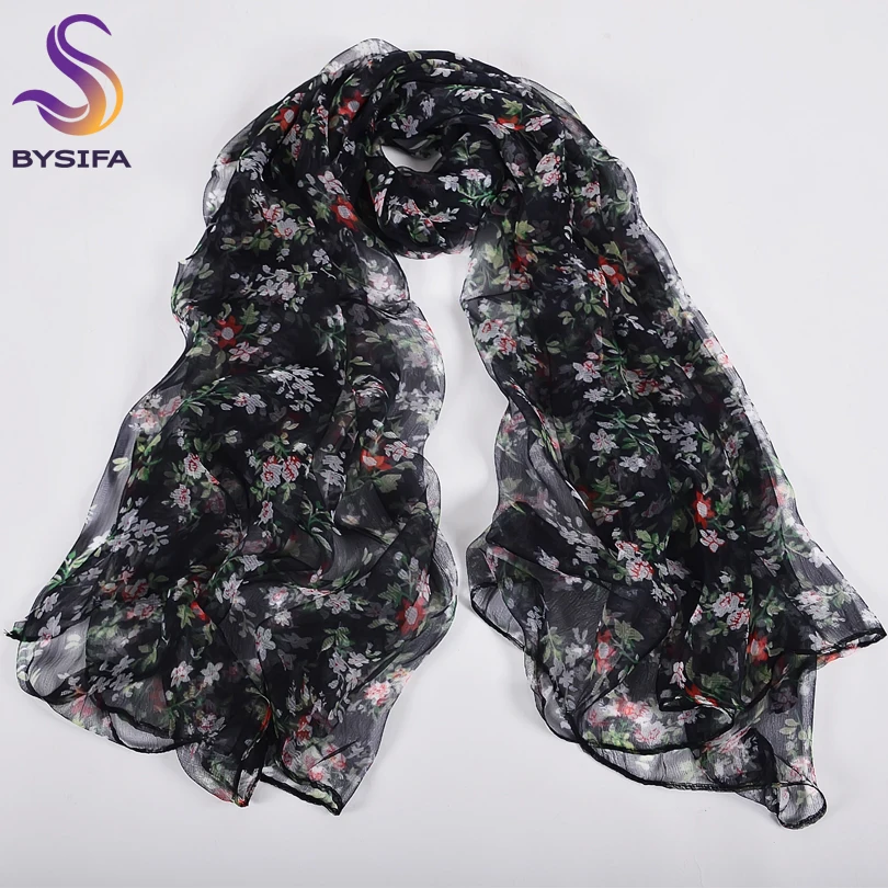 [BYSIFA] Black Scarves Ladie Japan Style Floral Long Silk Scarf Female Spring Fall Fashion All-Match Neck Scarves Hijabs