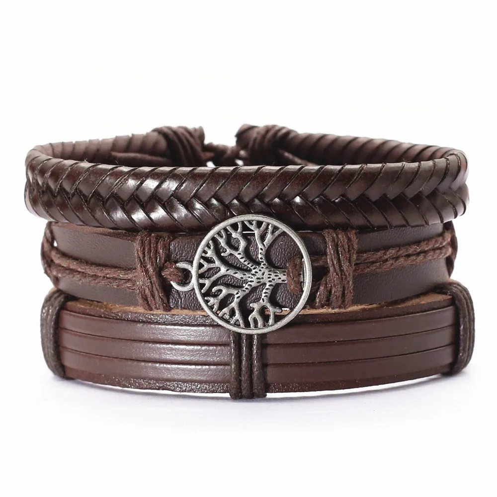 Trendy Black Brown Genuine Leather Woven Guitar TRUST IN GOD Cross Charm Men Bracelets Women Homme Casual Gift 3 Pcs/set Jewelry