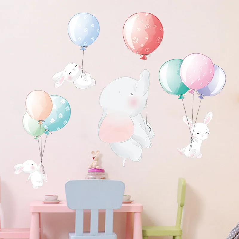 Autocollant mural dessin animé ballon éléphant lapin, papier peint pour chambre d'enfant, décoration de la maison, chambre de bébé, salon, décor de pépinière