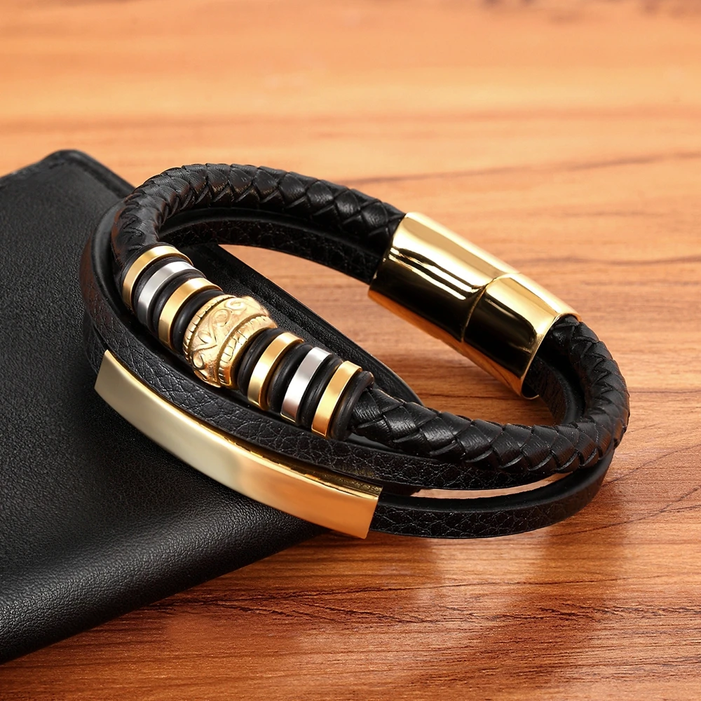 XQNI Fashion Promotion Multi-layer Leather Stainless Steel Metal Luxury Men\'s Leather Bracelet Accessories For New Year\'s Gift