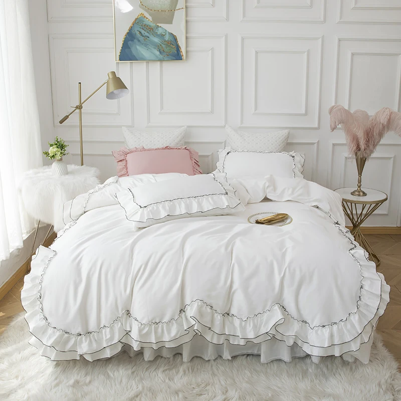 

White Double Layer Ruffles Duvet Cover Set, 100% Cotton, Luxury Princess Bedding,King Queen Size Bedspread,Bed Skirt Pillowcases