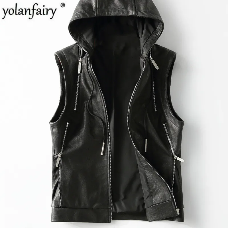 

2020 New Leather Vest Hooded Genuine Leather Jacket Men Sheepskin Coat Casual Mens Vests Vintage Colete Masculino KFS19M014