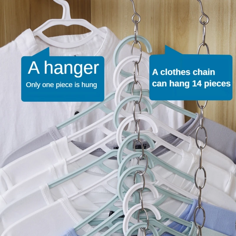 50cm Stainless Steel Clothes Hanger Chain with Hook Space Saving Closet Metal Cascading Hangers Multi-port Ring