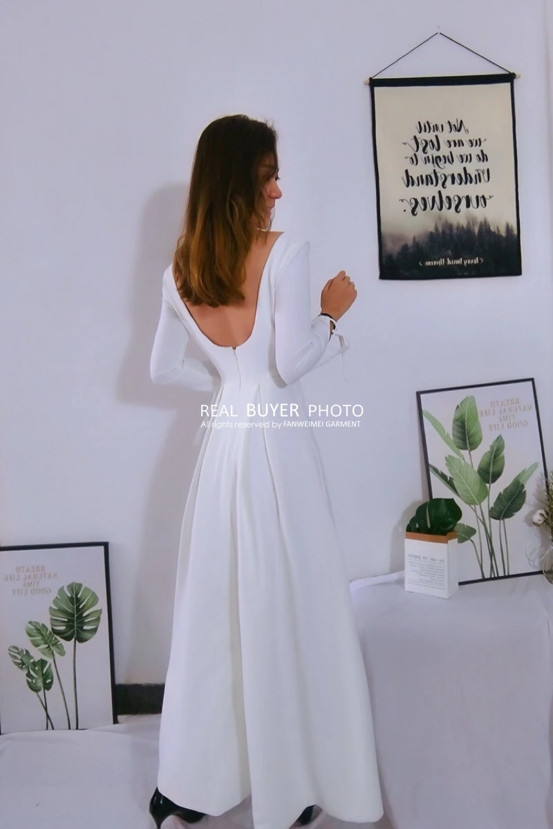 Vintage Einfache Weiche Satin Lange Ärmeln Tee-Länge Braut Hochzeit Kleid Brautkleid REAL PHOTO FABRIK PREIS