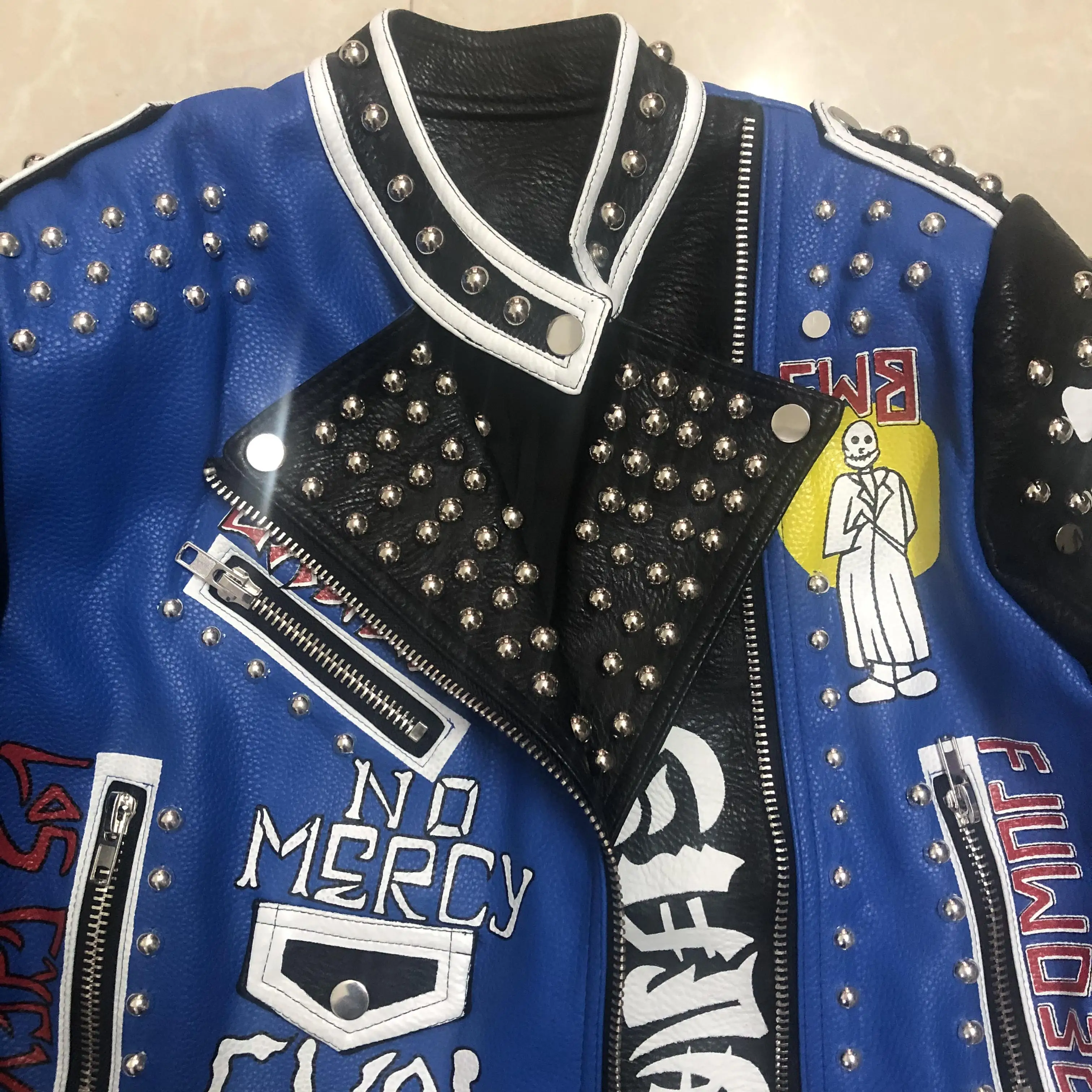 3D Graffiti soft pu leather jackets female cartoon character print  Jacket rivet beading Punk Rock Cropped leather Outerwear