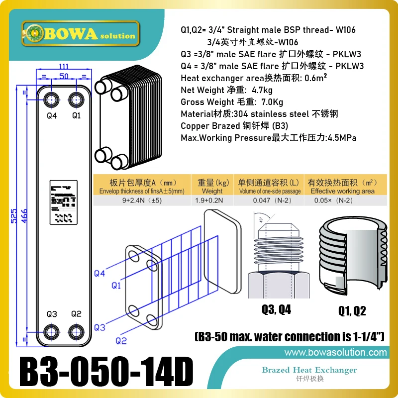 11kw condenser of R410a heat pump air conditioner for hot/cold water matches 7m3/h displacement scroll compressor, such as ZR42