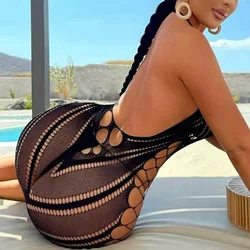 Sexy Women Fishnet Halter Backless Dress Low Cut Tight Pencil Cute Dress Plus Size Mini Dress Night Club Dance Dress Beatchwear