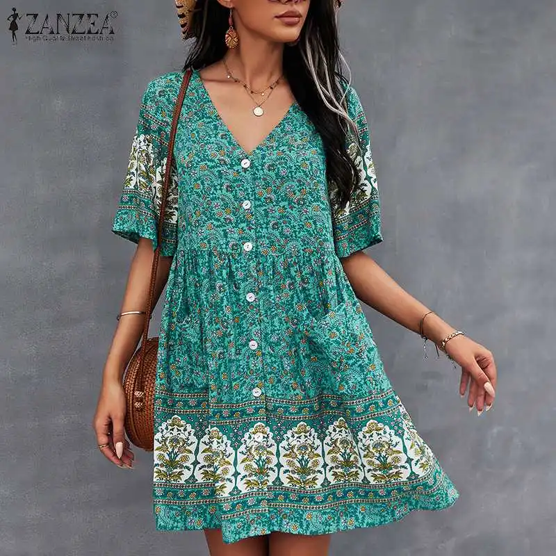 Women Bohemian Printed Sundress ZANZEA V Neck Mini Dress 2023 Summer Short Sleeve Floral Kaftan Ladies Holiday Button Vestidos