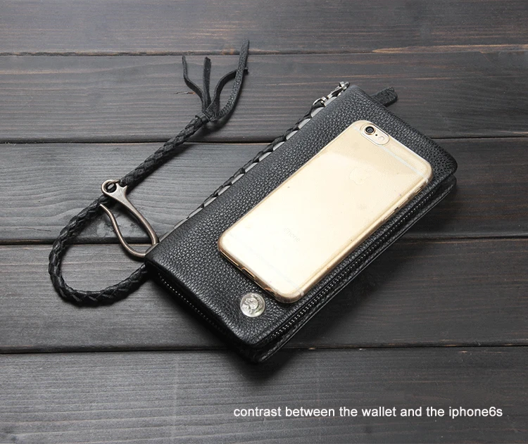 Fashion PUNK Rivet Chain Genuine Leather Wallet Men Long wallet Male Purse Clutch Bag Money clip Phone Case Black WL009