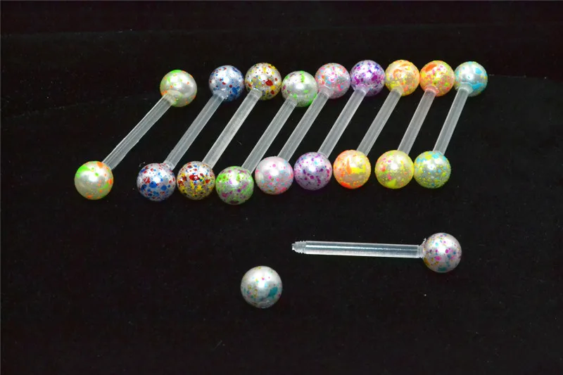 

100pcs New Body Piercing Jewelry-Flexible Tongue Ring Bar Colorful Balls Tongue Straight Nipple Barbells Soft BIO Body Piercing