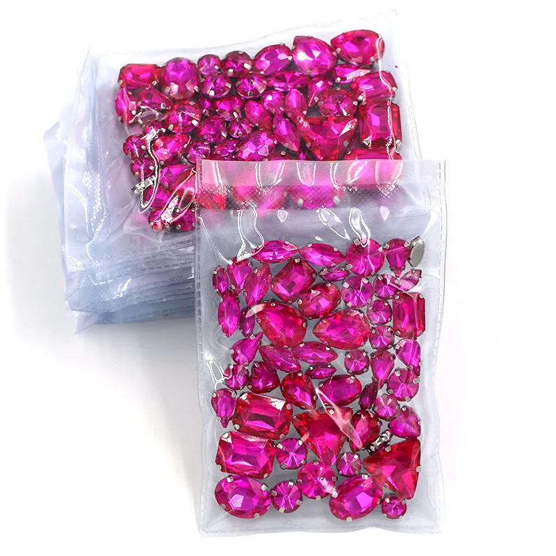 Best seller Wholesale 5 Bags Mixed Shape Silver Base Sew on Glass Crystal Rose Red Rhinestones for Clothing/Wedding Dress