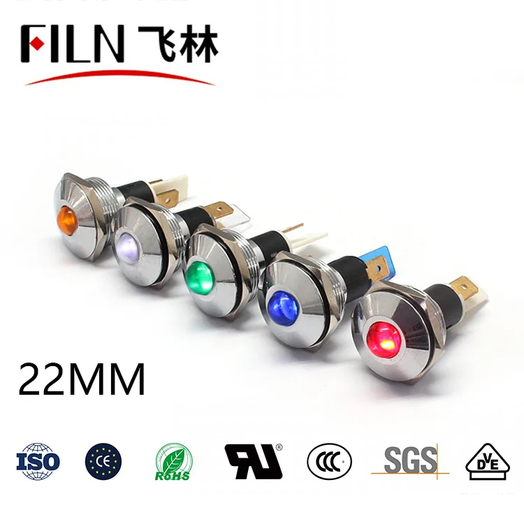 FILN Metal convex head 22mm led signal lamp red green light 12v 24v 110v 220v indicator light pilot lamp