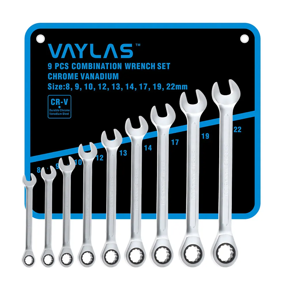 

9pcs Matte Fixed Head Ratchet Wrench Set Dull Polished 72T and Open End High Torque Spanner Set Combination Repair Hand Tools