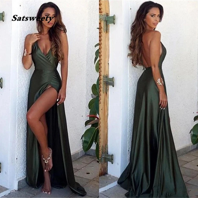 

Sexy Deep V Neck High Side Split Prom Dress Long Cheap Simple Green mermaid Evening gowns vestido de festa