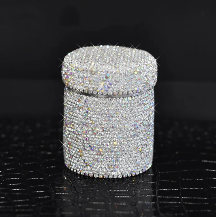 Diamond-studded Crystal Toothpick Holder Cotton Swab Storage Box Household Restaurant Round Metal Makeup Organizer Case